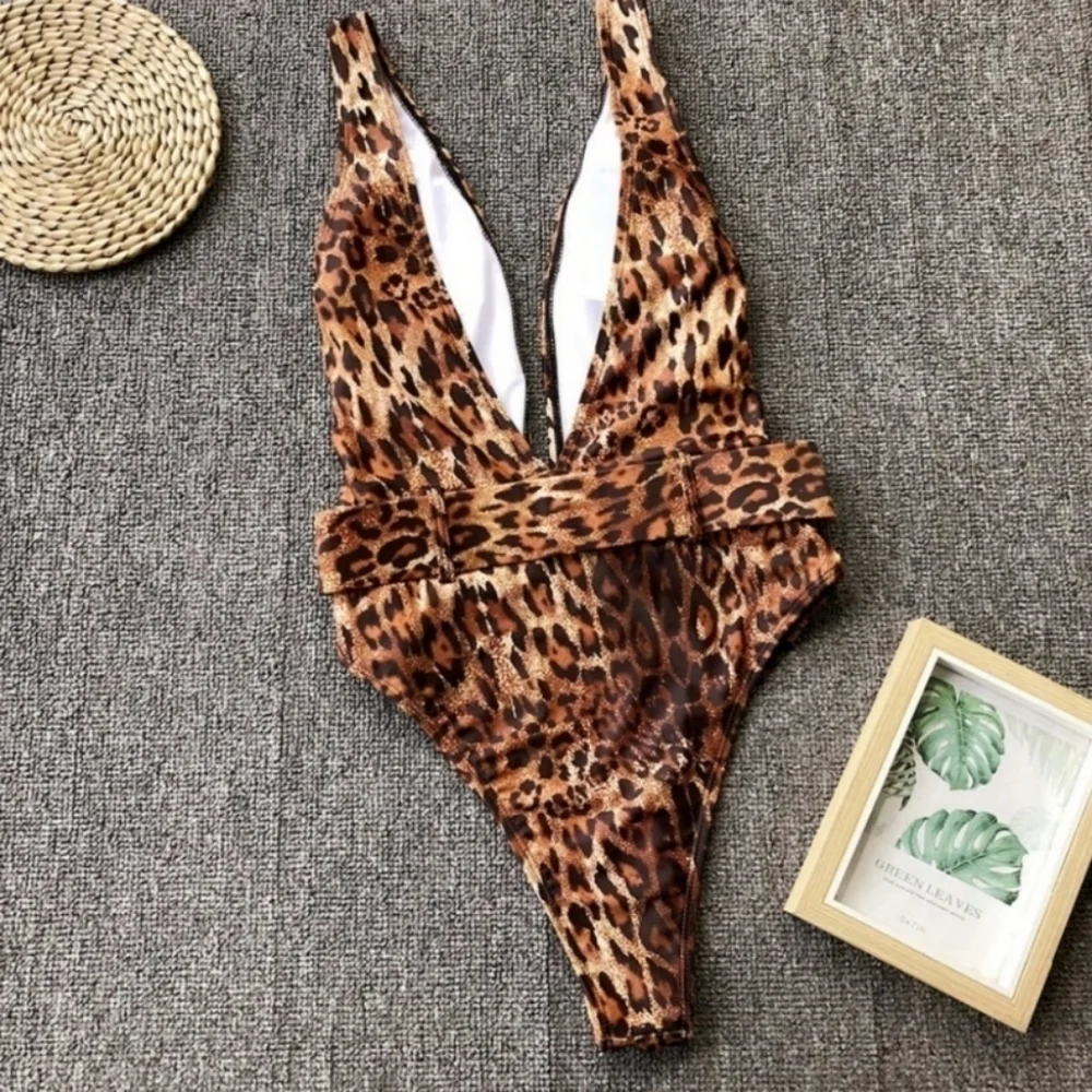 New Leopard Print Belted Plunge V-neck One piece Swimsuit Size L